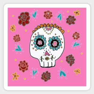 Sugar Skull and Roses pink background Sticker